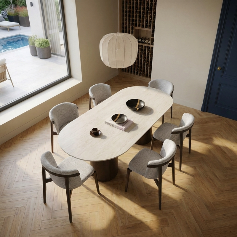 Melamine Eettafel Soft moon Grey – Plat ovaal - Columbus Walnut Brown 2x